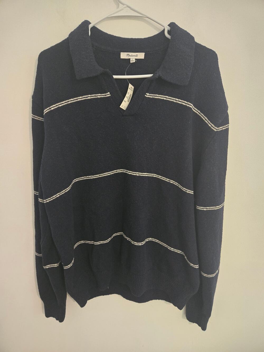NWT Madewell Johnny-Collar Sweater Polo in Textured Cotton size large navy